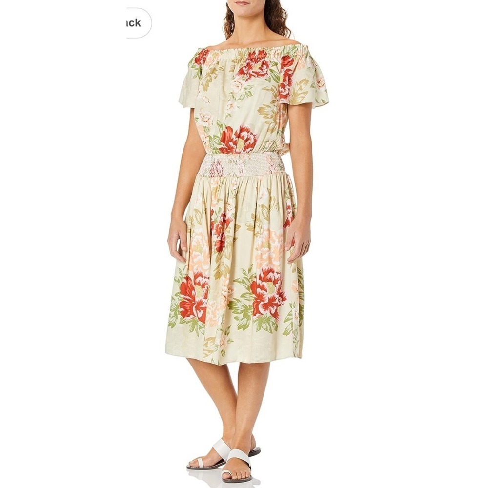 Donna Morgan Floral Off Shoulder Dress Size 14 Linen Viscose Blend Smocked Waist